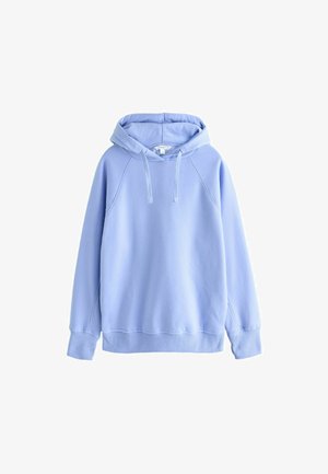 Világos kék kapucnis pulóver, puha tapintással, raglán ujjakkal, húzózsinórral, bordázott aljjal és mandzsettával. Egyszerű dizájn, minta vagy díszítés nélkül.