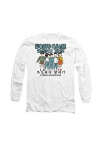 Long-sleeve white shirt featuring six cartoon children from "Squid Game," with the text "5-Person 6-Legged Race" in bold.