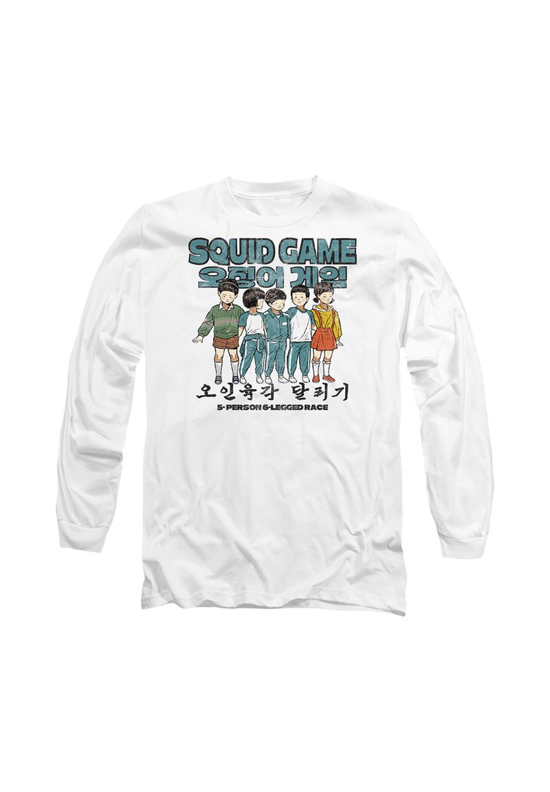 Long-sleeve white shirt featuring six cartoon children from "Squid Game," with the text "5-Person 6-Legged Race" in bold.