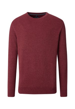 Bordeauxfarbener Strickpullover mit Rundhalsausschnitt, langen Ärmeln und strukturiertem Stoff. Verfügt über einen geraden Saum und ein dezentes, gemustertes Finish.