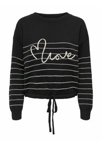 Pull noir à manches longues avec rayures horizontales blanches, mot "love" brodé en blanc avec un cœur, et lien ajustable à l'ourlet.