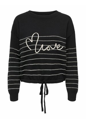 Crni džemper s dugim rukavima s bijelim horizontalnim prugama, bijelo izvezeni riječ "love" s oblikom srca i podesivim vezanjem na rubu.