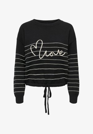 Sort langærmet sweater med hvide vandrette striber, hvidt broderet ord "love" med hjerteform og justerbar snor ved kanten.