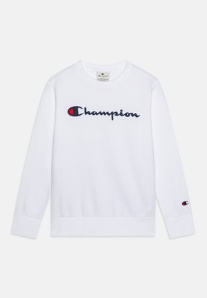 Sudadera de cuello redondo de manga larga blanca, hecha de una mezcla de algodón, con un logotipo bordado de "Champion" en azul marino y rojo. Puños y dobladillo acanalados.