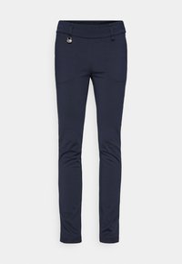 Navyblaue maßgeschneiderte Hosen aus dehnbarem Material, mit glatter Textur, Fronttaschendetails und einem Metallknopfakzent.