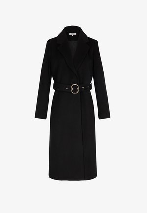 Black wool coat with a notched collar, long sleeves, and a cinched waist featuring a gold-tone buckle. Smooth texture and tailored design.