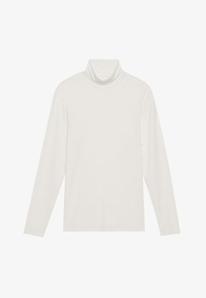 Haut à col roulé à manches longues en blanc. Tissu doux et extensible avec une silhouette ajustée. Présente un col haut et un minimum de couture.