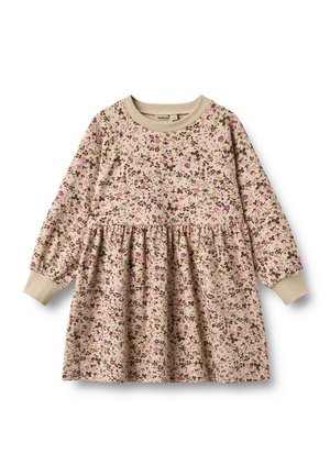 Beige lange mouwen peuterjurk met roze en bruine bloemenprint, geribde manchetten en een geplooide taille.