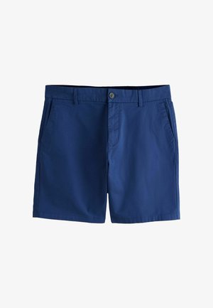 Shorts décontractés bleu marine avec fermeture à boutons, passants pour ceinture et poches latérales, conçus pour un confort optimal.