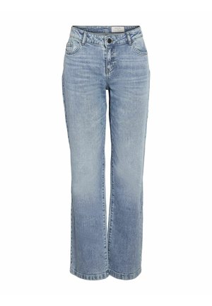 Jeans in denim azzurro chiaro con taglio dritto, design a cinque tasche e chiusura a bottone. Texture morbida con leggera sbiaditura sulla parte anteriore.