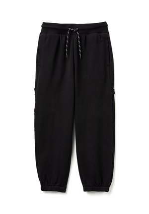 Pantalon de jogging noir avec taille élastique, cordon de serrage, poches latérales et poignets élastiques, posé à plat sur fond blanc.