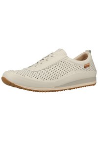 Beige perforeret sneakers med en rund tå, flad beige sål og snørebinding. Har en tekstureret overdel og et subtilt brandingelement.
