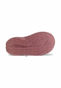 Sole della scarpa ECCO, materiale in gomma, tonalità rosa, superficie testurizzata con motivo di battistrada, dettaglio del logo, forma contornata per trazione e comfort.