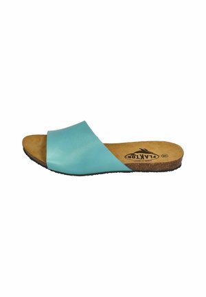 Blue leather slide sandal with cork insole and textured black rubber sole. The upper features a wide V-shaped strap design.