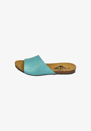 Blue leather slide sandal with cork insole and textured black rubber sole. The upper features a wide V-shaped strap design.