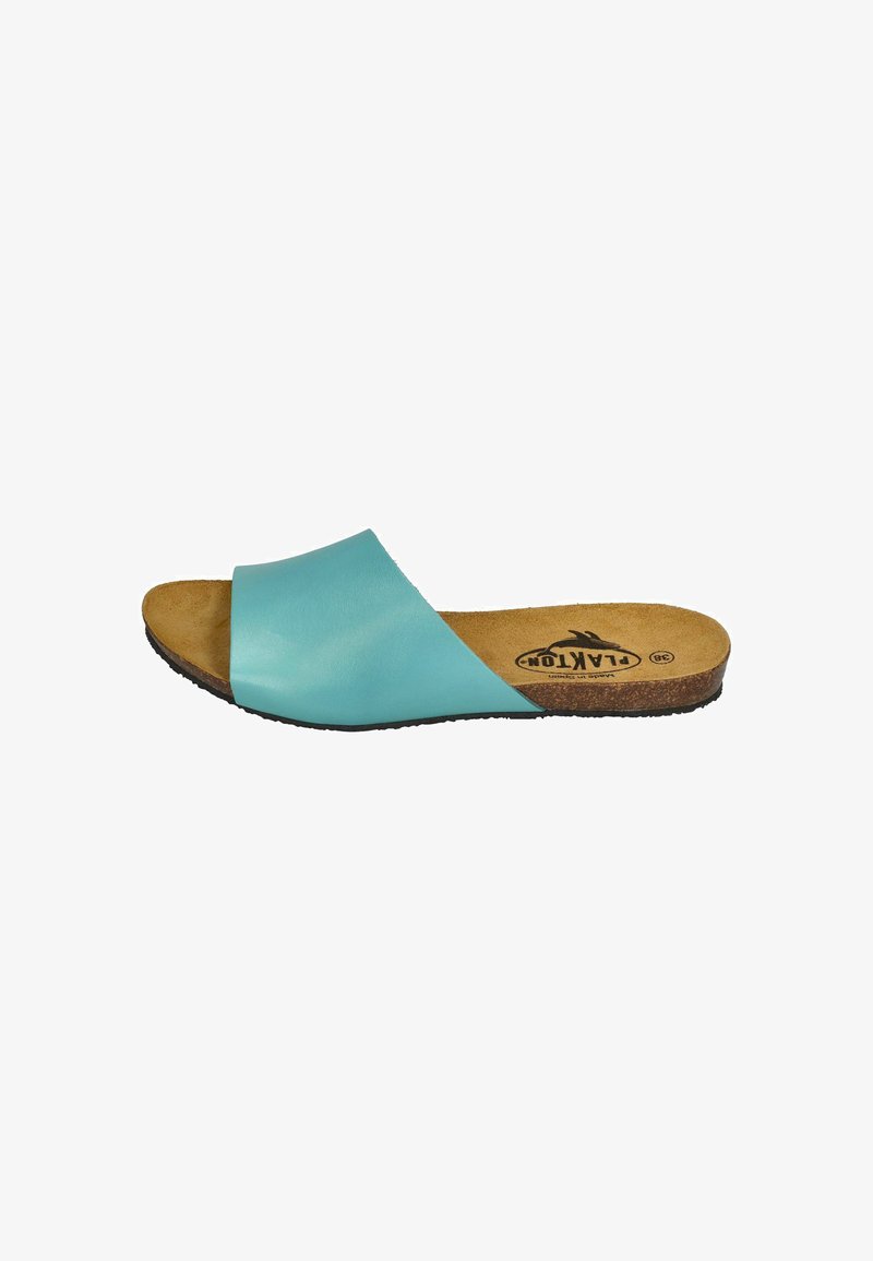Blue leather slide sandal with cork insole and textured black rubber sole. The upper features a wide V-shaped strap design.