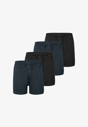 Quatre paires de boxers pour hommes de couleurs assorties : gris foncé et noir. Fabriqués en tissu doux avec une taille élastique et un détail à bouton.