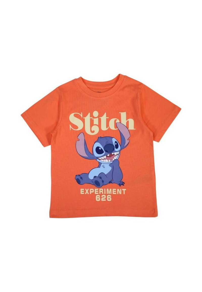 T-shirt en coton orange présentant un graphisme de Stitch, un personnage bleu, avec "Stitch" et "EXPÉRIMENT 626" imprimés sous le design.