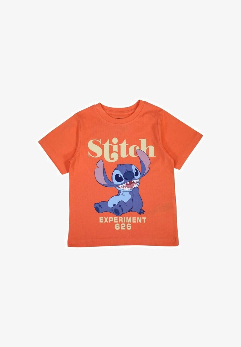 T-shirt en coton orange présentant un graphisme de Stitch, un personnage bleu, avec "Stitch" et "EXPÉRIMENT 626" imprimés sous le design.