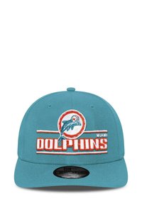 Teal Miami Dolphins cap with embroidered logo and "DOLPHINS" in bold orange lettering. Structured shape with a flat brim and adjustable closure.