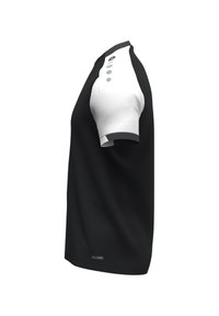 Zwart-witte polo met korte mouwen, voorzien van een doorgeknoopte sluiting, ronde kraag en een sportief ontwerp met een gladde textuur.