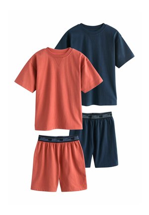 Twee sets shirts met korte mouwen en shorts met elastische tailleband in effen donkerblauw en roestig oranje, vooraanzicht.