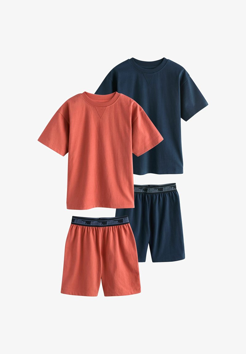 Deux ensembles de chemises à manches courtes et de shorts à taille élastique en bleu marine uni et orange rouille, vue de face.