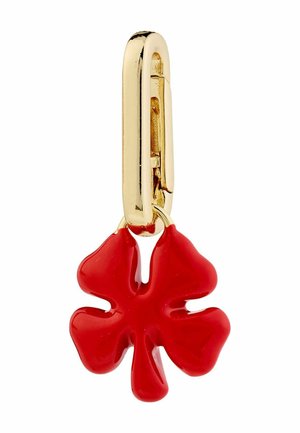 Red four-leaf clover charm made of glossy enamel attached to a shiny gold metal clasp. Features smooth curves and defined leaf separations.