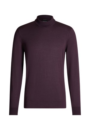 Strickpullover mit Rollkragen in tiefem Lila, mit langen Ärmeln und gerippten Bündchen, aus leichtem, weichem Stoff mit glatter Textur gefertigt.