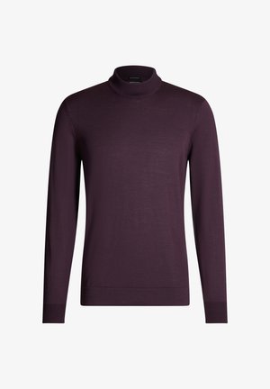 Sweter z golfem w głębokim purpurze, z długimi rękawami i ściągaczami, wykonany z lekkiego, miękkiego materiału o gładkiej strukturze.