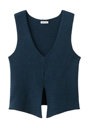 Mouwloos marineblauw gebreid vest met diep V-hals en opening aan de voorzijde, textuurstof en rechte zoom.