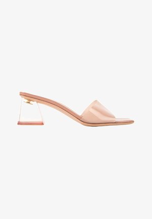 Mule sandale nude à bout ouvert avec un talon bas transparent évasé et une large bride sur le pied.