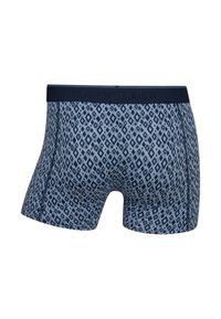 Boxer briefs da uomo in tessuto blu con un motivo a diamante e un elastico blu scuro. Il materiale sembra liscio ed elastico.