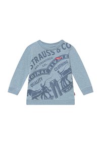 Lichtblauwe sweatshirt met lange mouwen, voorzien van een donkerblauw grafisch print van cowboys en tekst, ribgebreide boorden en een ronde hals.
