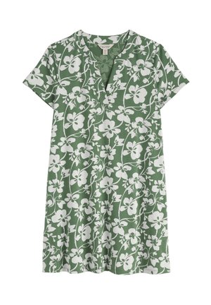 Tunique verte à manches courtes avec motif de vigne florale blanche et col en V.