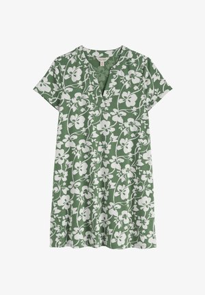 Tunique verte à manches courtes avec motif de vigne florale blanche et col en V.