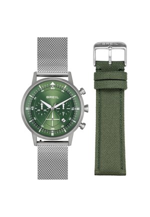 Breil kronograf ur med grøn urskive, rustfri stål mesh rem og en ekstra grøn stofrem med metallås.