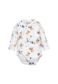 Długi rękaw bodziak dla niemowląt w jasnoszarym kolorze, z wesołym wzorem psów w różnych kolorach, z zapięciami na napy i fasonem w formie owijanej.