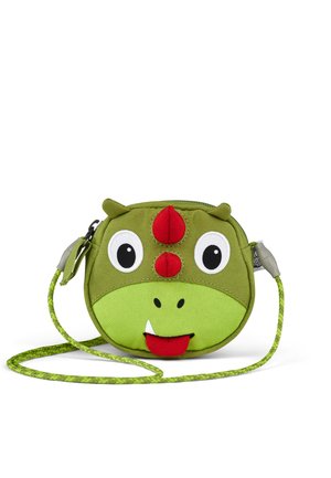 Green fabric crossbody bag shaped like a dragon, featuring large eyes, red accents, and stitched detailing. Adjustable strap for convenience.
