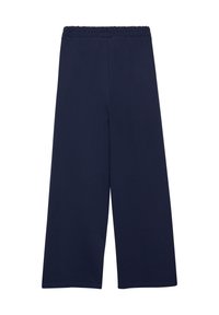 Marineblauwe wijde broek met een zachte, rekbare stof, een elastische tailleband en gladde naden, ontworpen voor comfort en bewegingsvrijheid.