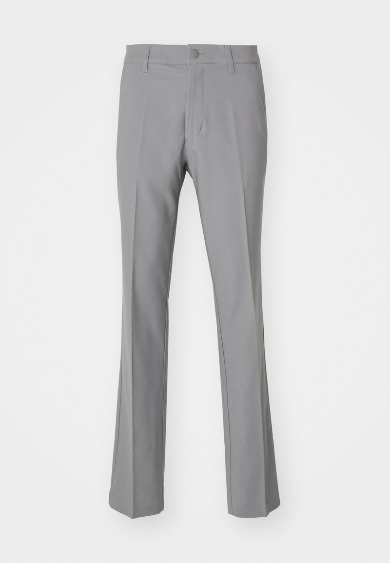 Graue Hosen mit geradem Bein, mit Knopfverschluss und seitlichen Taschen. Hergestellt aus glattem Stoff mit minimalem Design.