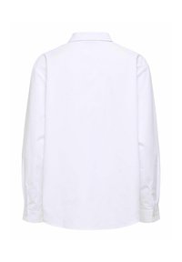 White long-sleeve shirt, buttoned cuffs, clean back design, no patterns, made from smooth fabric with a classic collar.