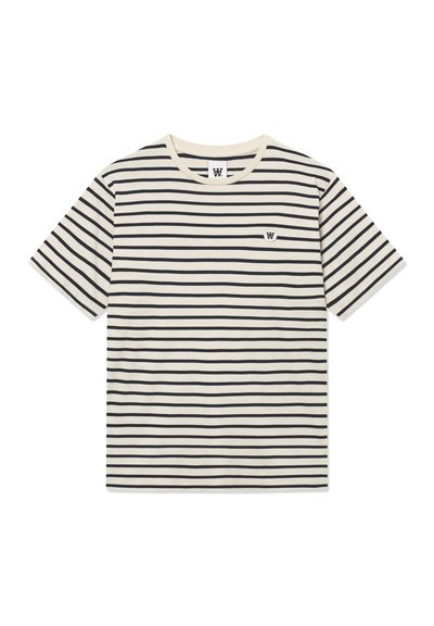 T-shirt z krótkim rękawem z bawełny, z dekoltem w serek, z poziomymi granatowymi paskami na jasnym tle i małym logo na piersi.