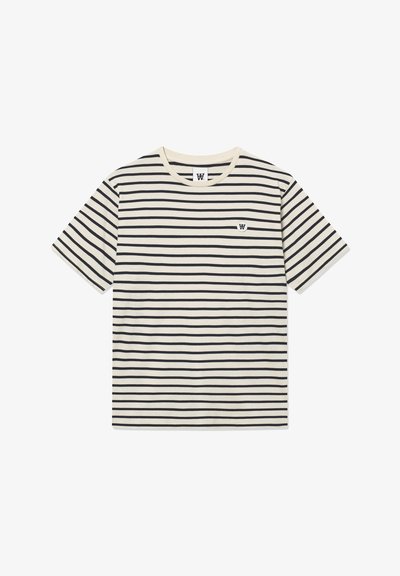 T-shirt z krótkim rękawem z bawełny, z dekoltem w serek, z poziomymi granatowymi paskami na jasnym tle i małym logo na piersi.