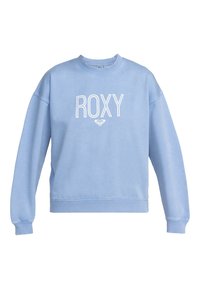 Felpa azzurra chiara con colletto girocollo, polsini e orlo a costine. Presenta "ROXY" in lettere bianche e un piccolo logo a forma di cuore sotto di esso.