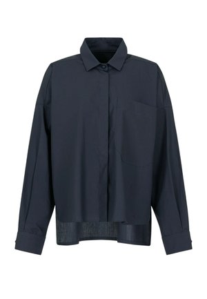 Camicia oversize di un blu scuro, realizzata in un tessuto morbido. Presenta un colletto a punta, bottoni centrali, una tasca sul petto e un orlo dritto.