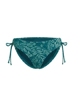 Teal bikiniunderdel med blomstermønster, justerbare snore i siderne, glat tekstur og fuld foer for komfort og dækning.