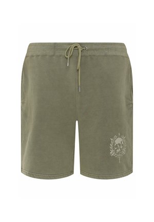 Pantaloncini da uomo verde oliva con vita elastica, coulisse, tasche laterali e una piccola grafica di teschio circondato da foglie e frecce incrociate sulla gamba sinistra.