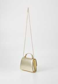 Gold metallic handbag with a structured design, top handle, and detachable chain strap. Smooth texture with clean lines and no visible patterns.