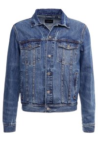 Modrá džínová bunda s klasickým střihem, dvěma náprsními kapsami, stříbrnými knoflíky a mírně opotřebovanou texturou.